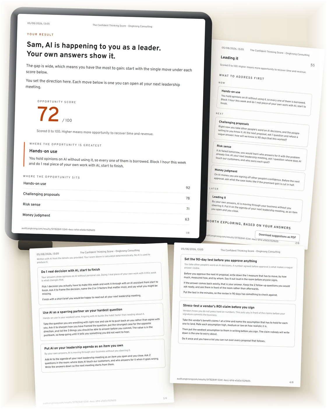 A sample report on a tablet and 3 printed pages: an opportunity score out of 100, the weakest area named, the actions grouped into now, next and later, and the tailored suggestions.
